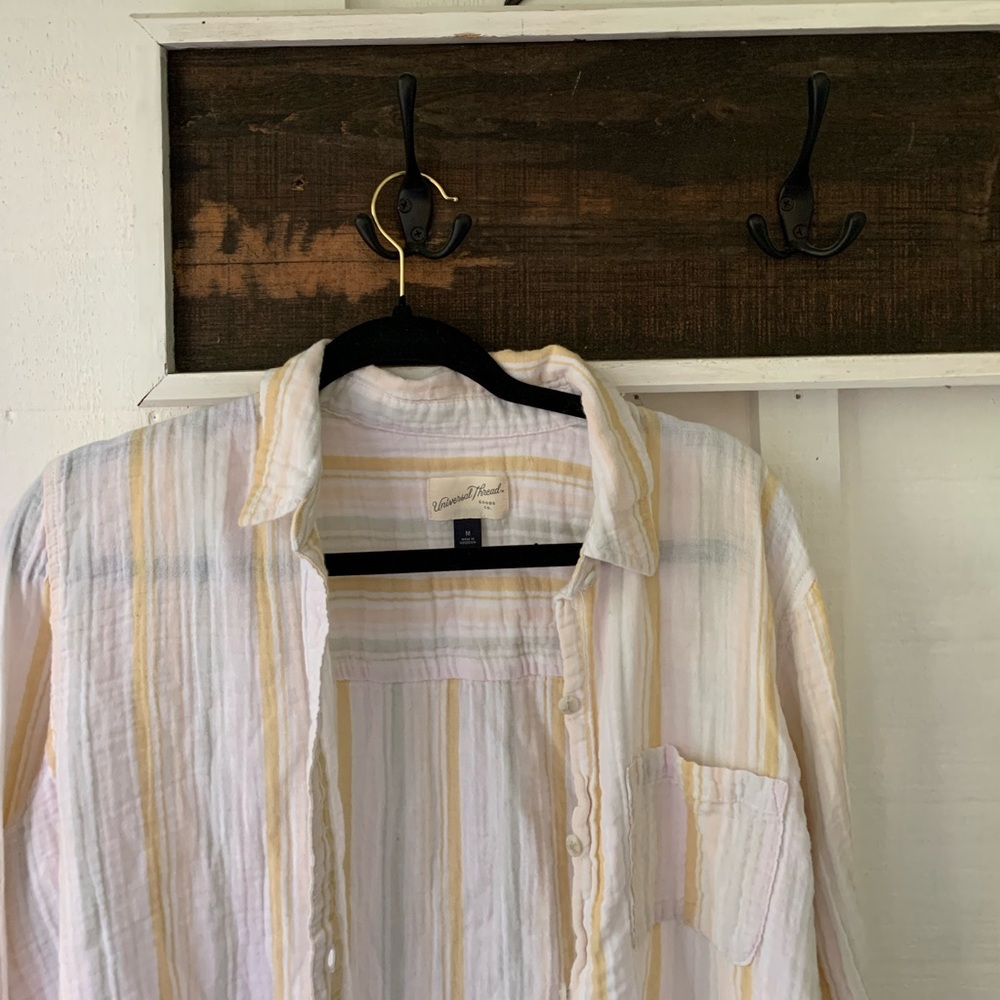 Cotton Button-up Shirt Pastel Yellow Pink Beach Cover-up coastal granddaughter
